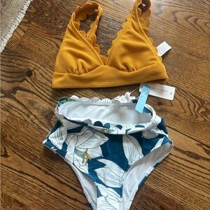 CUPSHE Yellow Scalloped Bikini Top and Leaf Print Bottom